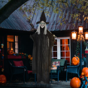 Halloween-heks, Halloween-dekoration, lydfunktion, med bevægelsessensor, LED-lys, 130 cm x 18 cm x 183 cm