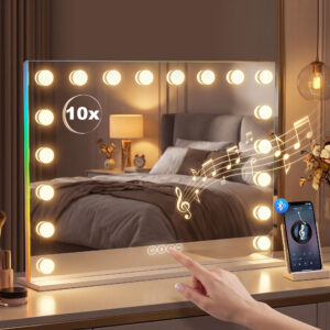 Hollywood makeupspejl med 18 dæmpbare LED-lys, 3 farver, RGB-lys, Bluetooth-højttaler, 10x forstørrelse, hvid