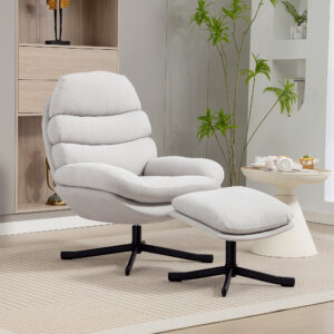 Lænestol med fodskammel, loungestol med chenillestof, moderne TV-stol, 78 x 93 x 100 cm, cremehvid