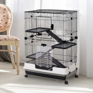 Bur til små dyr med 4 hjul, 3 åbninger, 2 platforme, metal, sort, 81,2 cm x 52,7 cm x 110 cm