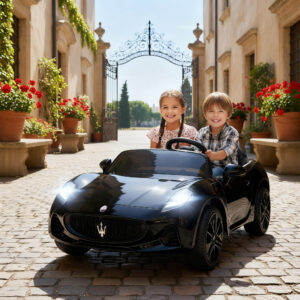 Maserati elbil til børn, 2-personers, 12V batteridrevet, fjernbetjening, LED-lys, musikfunktion, sort