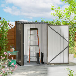 Stålredskabsskur, 0,92 m² redskabsskur med nedhængt tag og aflåseligt haveskab, haveskur til altan, terrasse, 100 x 103 x 160 cm, brun