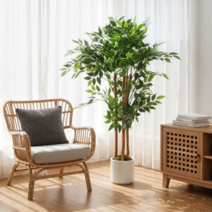 Kunstig banyantræ, kunstig plante med massiv træstamme, potte, til stue, soveværelse, kontor, 55 x 55 x 120 cm, grøn