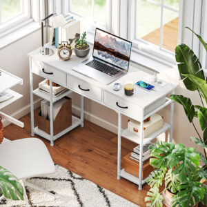Køkkenbord med 2 USB-opladeporte, 2 stikkontakter, justerbare hylder, 3 stofskuffer, 120x40x76 cm, hvid