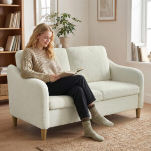 2-personers sofa, lille sofa med sherpa fleece-look, 137 cm, til stuen, cremehvid