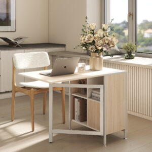 Klapbord, spisebord, sidebord, opbevaringsplads til stue, køkken, egetræ, metalramme, natur og hvid, 169 x 60 x 75 cm