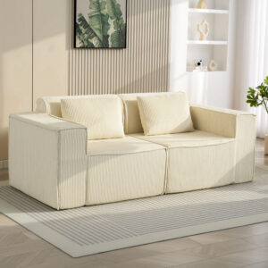 3-personers sofa, blød skumstruktur, brede armlæn, 2 hynder, betræk i fløjlsfløjl, beige