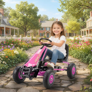 Pedal Gokart til Børn, Højdejusterbart Sæde, EVA Hjul, Bremse, Kobling, 3-8 År, Pink