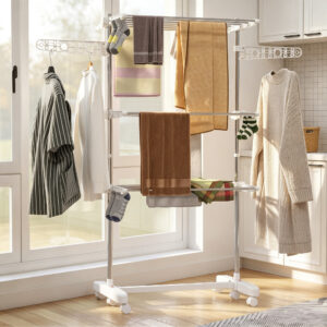 Mobil tørrestativ, foldbar, 3 niveauer med hjul, 80-142 x 55 x 152 cm, ideel til pladsbesparende tørring