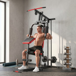 Power rack fitnessstation med lat pulldown, butterfly bar, justerbar preacher bænk, bentræner, op til 120 kg, sort+rød