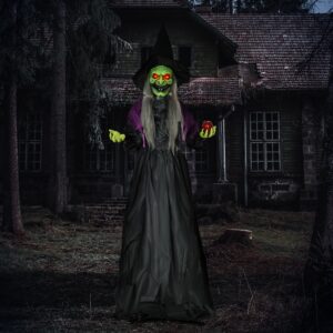 Heks med giftæble, Halloween-dekoration, uhyggelige lyde, røde øjne, bevægelige arme, 180 cm