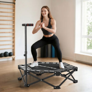 Fitnesstrampolin med justerbart T-håndtag, foldbar, bæretaske, 120 kg lasteevne, stål, plastik, sort