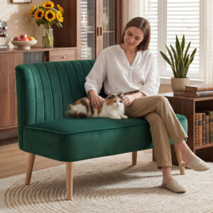 Retro design 2-personers sofa, træben, 117 cm x 56,5 cm x 77 cm, mørkegrøn