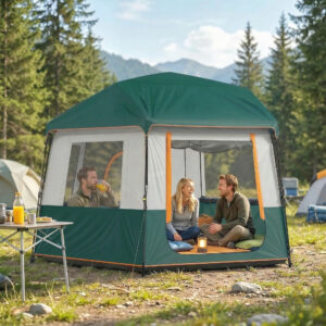 Campingtelt til 4-6 personer, stabilt 3000 mm vandtæt familietelt med aftageligt topdæksel, UV30+ beskyttelse, grøn