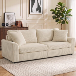 3-personers sofa, sofa med armlæn, pyntepuder, polstret sofa med snorbetræk, tykt polstret loungesofa op til 450 kg til stue, soveværelse 212 x 80 x 88 cm, cremehvid