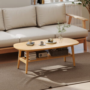 Sofabord, stuebord med hylde, sofabord til stue, soveværelse, 120 x 60 x 42 cm, naturtræ