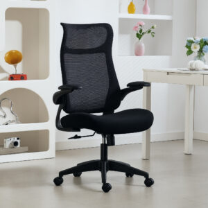 Ergonomisk Kontorstol med 3D Armlæn, Mesh Ryglæn, S-formet Ryglæn, Nakkestøtte, Vippefunktion, Sort