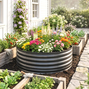 Højbed af stål, plantebed, kold ramme, stabelbart havebed, blomsterkasse, plug-in plantekasse 120x120x43cm, grøntsagsbed til have, balkon, terrasse, plantekasse til blomster, planter