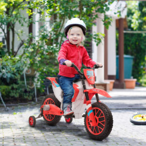 Børnemotorcykel, elmotorcykel, 45 min. køretid, med støttehjul, fra 3 år, rød+hvid, 106,5 x 51,5 x 68 cm