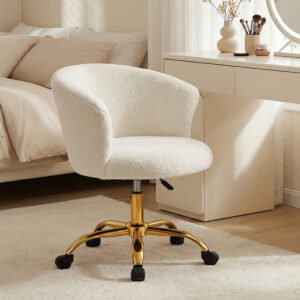Skrivebordsstol, højdejusterbar kontorstol med teddy fleece-look, 58 x 56 x 68-76 cm, hvid