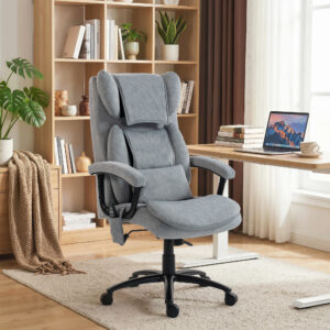 Ergonomisk massagekontorstol med 4 æltepunkter, executivestol med høj butterfly-ryglæn, bredt sæde, grå