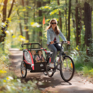 2-i-1 børnecykeltrailer med affjedring, netdør, 360° roterende forhjul og bremse, rød og sort, 142 x 75 x 101 cm