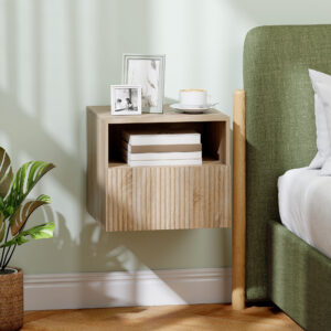 Natbord, grebsløst design, åbent rum, skuffe, vægmonteret, lysebrun