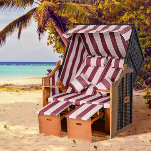 Beach Chair Dobbelt solseng med baldakin, 5-niveau ryglæn, chaiselong med kopholdere, PE-rattan, rød og hvid, 118 x 79 x 160 cm, til have og balkon