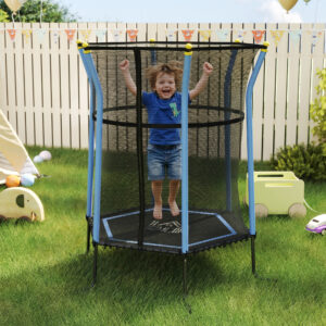 Børnetrampolin Ø163,5 cm, indendørs trampolin med sikkerhedsnet, kantbetræk, gummireb, børnetrampolin op til 50 kg, til børn 3-10 år, blå
