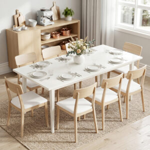 Spisebord til 8 personer, moderne køkkenbord med massive træben, 180 cm, cremefarvet