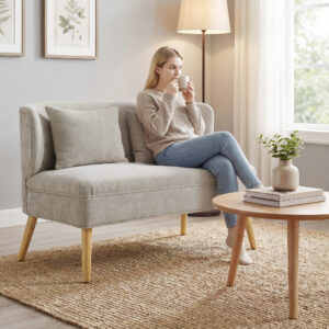 2-personers sofa, lille chenillesofa med ryglæn, tykt sæde, gummitræfødder, beige