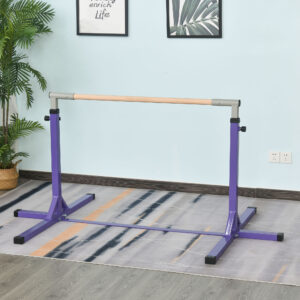 Gymnastikstang, 13-trins højdejusterbar vandret stang, høj stang lavet af træ og robust stålkonstruktion, lasteevne op til 75 kg, til 3+ børn, indendørs, udendørs, lilla