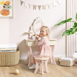 Børnesminkebord, stol, skuffe, aftageligt spejl, børneskrivebord med 7 tilbehør, 2-i-1 design, MDF, pink