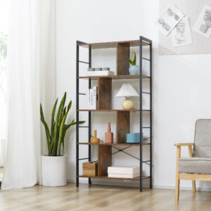 Bogreol, smal fritstående hylde med 5 hylder, kontorreol til stuen, 77 x 30 x 57,5 cm, rustik brun