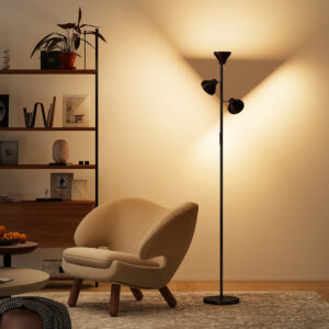 Dæmpbar gulvlampe med læselampe, RGB farveskiftende gulvlampe med fjernbetjening, touch-betjening, 3 roterende hoveder, sort