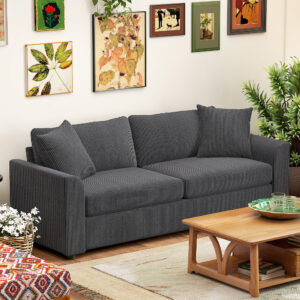 3-personers sofa med dekorative hynder, corduroy sofa til stue, soveværelse, 212 cm bred, mørkegrå