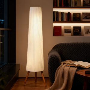 LED-gulvlampe til stue, dæmpbar, træ med trebensfod, gulvlampe med fodkontakt, 46 x 46 x 153 cm, hvid