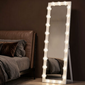 Helfigursspejl 150x40 cm LED-spejl med 24 lyspærer, 3 lysfarver, fritstående, lænende eller vægmonteret, hvid