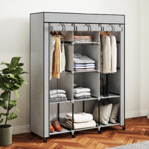 Stofgarderobe, opbevaringsløsning, 8 hylder, 2 garderobestativer, grå