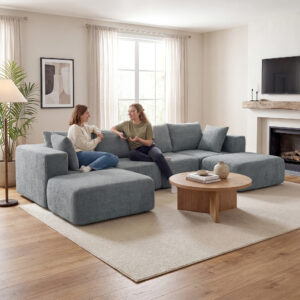 Modulær hjørnesofa, U-formet sofa med bredt og dybt sæde, 2 skamler, mørkegrå