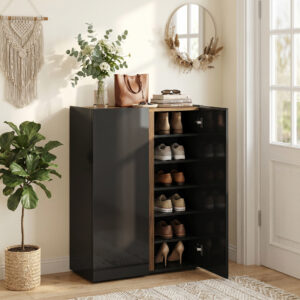Skoskab med lydløs sikkerhedsåbning, 6 hylder, grebsløst design, sort højglans