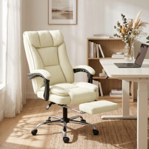 Ergonomisk kontorstol med fodstøtte, kunstlæderbetræk, hjul, drejelig, metal, beige+sort