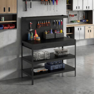 Arbejdsbord med justerbare hylder, robust arbejdsstation med hulbræt og 2 skuffer, 122 x 61 x 156 cm, sort