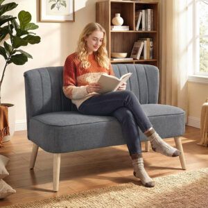 2-personers sofa, polstret sofa med linnedlook, træstel, til stue/soveværelse, 117 cm, grå