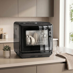Bordopvaskemaskine med integreret 6-liters vandtank, 5 programmer, 4 kuverter, LED-display, sort