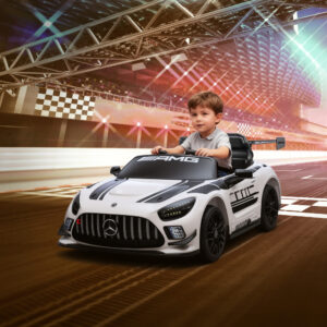 Mercedes elbil, børnekøretøj, 12V batteri, LED-lys, musikfunktion, horn, 3-8 år, hvid
