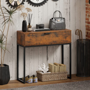 Konsolbord, entrebord med skuffe, industrielt design, til entre eller stue, 80x30x76 cm, sort