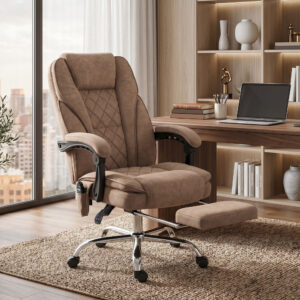 Ergonomisk kontorstol med massagefunktion, fodstøtte, drejelig, hjul, brun