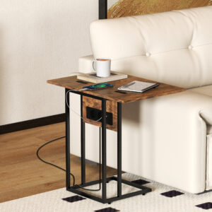 Foldbart sidebord med ladestation og USB-porte, metal, 39 x 29 x 57 cm, brun