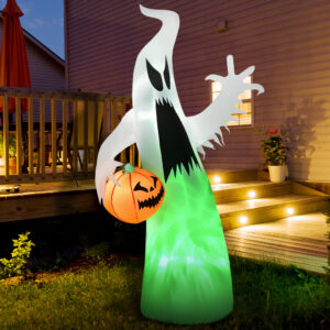 Selvoppusteligt uhyggeligt spøgelse/genfærd med LED-lys, Halloween-dekoration, polyester, hvid, 105 x 65 x 180 cm